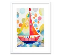 Artery8 Wall Art Print Sailboat At Sunset Folk Artwork Framed 9X7 Inch in White | Size: W7" x H9" Artery8 White W7" x H9"