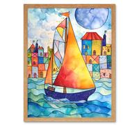 Artery8 Wall Art Print Sailboat By Harbour Folk Art Framed in Light Oak | Size: W12" x H16" Artery8 Light Oak W12" x H16"