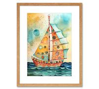 Artery8 Wall Art Print Sailboat Concept With Dorsal Fin Sail Folk Artwork Framed 9X7 Inch in Beige | Size: W7" x H9" Artery8 Beige W7" x H9"