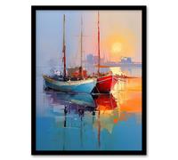 Artery8 Wall Art Print Sailboats Reflecting in Calm Misty Sunrise Seascape Framed in Blue | Size: W12" x H16" Artery8 Blue W12" x H16"