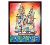 Artery8 Wall Art Print Sailing Ship At Sunset Folk Art Framed in Brown | Size: W12" x H16" Artery8 Brown W12" x H16"
