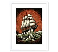 Artery8 Wall Art Print Sailing Ship in Rough Sea Waves Retro Rockabilly Americana 50s Artwork Framed 9X7 Inch in White | Size: W7" x H9" Artery8 White W7" x H9"