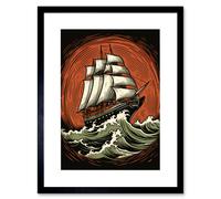 Artery8 Wall Art Print Sailing Ship in Rough Sea Waves Retro Rockabilly Americana 50s Artwork Framed 9X7 Inch in Black | Size: W7" x H9" Artery8 Black W7" x H9"