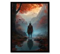 Artery8 Wall Art Print Samurai Guardian Concept Painting Mythical Kingdom Warrior in O-yoroi Armour Prepared for Battle in Foggy Autumn Forest Artery8 Orange W12" x H16"