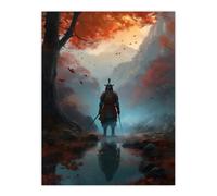 Artery8 Wall Art Print Samurai Guardian Concept Painting Mythical Kingdom Warrior in O-yoroi Armour Prepared for Battle in Foggy Autumn Forest Artery8 Orange W12" x H16"