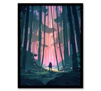 Artery8 Wall Art Print Samurai Master in Bamboo Forest at Dawn Concept Painting Pastel Colour Pink Blue Green Warrior Practicing Martial Arts in Artery8 Pink W12" x H16"