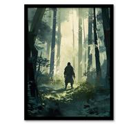 Artery8 Wall Art Print Samurai Master in Bamboo Forest Painting Teal Blue Green Sunrise Martial Arts Practice & Meditation in Woodland Clearing Art Artery8 Green A4