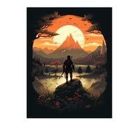 Wall Art Print Samurai Master Looking at Sunset Horizon Dramatic Painting Black Orange Cherry Blossoms Flowers and Pine Trees in Japan Mountain Lake L Artery8 Orange W18 inch x H24 inch