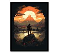 Artery8 Samurai Master Looking at Sunset Horizon Dramatic Painting Black Orange Cherry Blossoms Flowers and Pine Trees in Japanese Mountain Lake Landscape Artwork Framed Wall Art Print A4