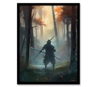 Artery8 Wall Art Print Samurai Master Practicing Martial Arts Concept Painting Orange Green Teal Blue Warrior in Foggy Autumn Bamboo Forest Landscape Artery8 Grey A4