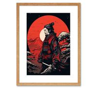 Artery8 Wall Art Print Samurai Red Circle Sun Landscape Rockabilly Americana 50s Artwork Framed 9X7 Inch in Beige | Size: W7" x H9" Artery8 Beige W7" x H9"