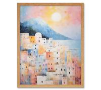 Artery8 Wall Art Print Santorini Whitewashed Buildings Pastel Colour Oil Painting Orange Pink Blue Sunrise Fira Coastal City Art Framed Artery8 Light Oak W12" x H16"