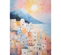 Artery8 Wall Art Print Santorini Whitewashed Buildings Pastel Colour Oil Painting Orange Pink Blue Sunrise Fira Coastal City Poster Artery8 Blue W18" x H24"