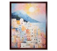 Artery8 Wall Art Print Santorini Whitewashed Buildings Pastel Colour Oil Painting Orange Pink Blue Sunrise Fira Coastal City Art Framed Artery8 Brown W12" x H16"