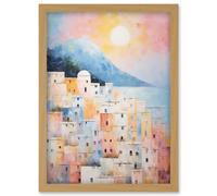 Artery8 Wall Art Print Santorini Whitewashed Buildings Pastel Colour Oil Painting Orange Pink Blue Sunrise Fira Coastal City Artwork Framed A4 Artery8 Light Oak A4