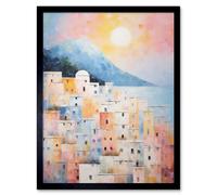 Artery8 Wall Art Print Santorini Whitewashed Buildings Pastel Colour Oil Painting Orange Pink Blue Sunrise Fira Coastal City Art Framed Artery8 Black W12" x H16"