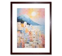 Artery8 Wall Art Print Santorini Whitewashed Buildings Pastel Colour Oil Painting Orange Pink Blue Sunrise Fira Coastal City Artwork Framed 9X7 Inch Artery8 Brown W7" x H9"
