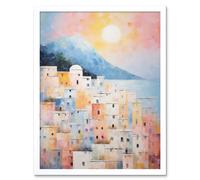 Artery8 Wall Art Print Santorini Whitewashed Buildings Pastel Colour Oil Painting Orange Pink Blue Sunrise Fira Coastal City Art Framed Artery8 White W12" x H16"