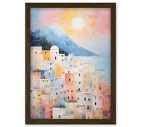 Artery8 Wall Art Print Santorini Whitewashed Buildings Pastel Colour Oil Painting Orange Pink Blue Sunrise Fira Coastal City Artwork Framed A4 Artery8 Brown A4