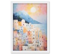 Artery8 Wall Art Print Santorini Whitewashed Buildings Pastel Colour Oil Painting Orange Pink Blue Sunrise Fira Coastal City Artwork Framed A4 Artery8 White A4