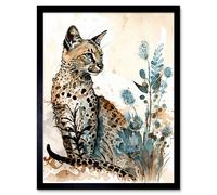 Artery8 Wall Art Print Savannah Cat & Wildflowers Modern Watercolour & Ink Art Framed in Black | Size: W12" x H16" Artery8 Black W12" x H16"