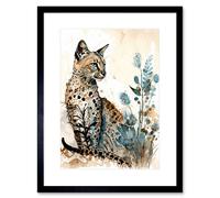 Artery8 Wall Art Print Savannah Cat & Wildflowers Modern Watercolour & Ink Artwork Framed 9X7 Inch in Black | Size: W7" x H9" Artery8 Black W7" x H9"