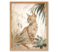 Artery8 Wall Art Print Savannah Cat with Colourful Fur Pattern in Nature Modern Watercolour Art Framed in Light Oak | Size: W12" x H16" Artery8 Light Oak W12" x H16"