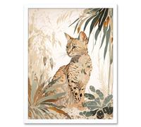 Artery8 Wall Art Print Savannah Cat with Colourful Fur Pattern in Nature Modern Watercolour Art Framed in White | Size: W12" x H16" Artery8 White W12" x H16"