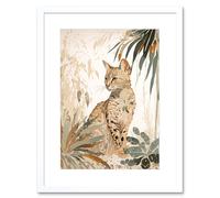 Artery8 Wall Art Print Savannah Cat with Colourful Fur Pattern in Nature Modern Watercolour Artwork Framed 9X7 Inch in White | Size: W7" x H9" Artery8 White W7" x H9"