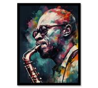 Artery8 Wall Art Print Saxophone Player Playing Music Acrylic Painting Blue Pink Yellow Jazz Musician Portrait Art Framed in Black | Size: W12" x H16" Artery8 Black W12" x H16"