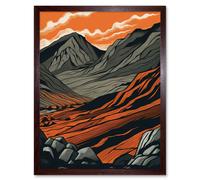 Artery8 Wall Art Print Scafell Pike Mountain Landscape in Amber & Grey Art Framed in Brown | Size: W12" x H16" Artery8 Brown W12" x H16"