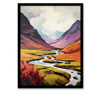 Artery8 Wall Art Print Scotland Glencoe Valley Oil Painting Majestic Mountains & River With Heather Shrubs Art Framed in Black | Size: A4 Artery8 Black A4