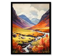 Artery8 Wall Art Print Scotland Glencoe Valley Vibrant Oil Painting Majestic Mountains & River With Heather Shrubs Art Framed in Black | Size: A4 Artery8 Black A4