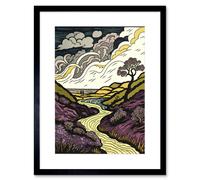 Artery8 Wall Art Print Scottish Countryside Path with Purple Heather Artwork Framed 9X7 Inch in Black | Size: W7" x H9" Artery8 Black W7" x H9"