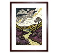 Artery8 Wall Art Print Scottish Countryside Path with Purple Heather Artwork Framed 9X7 Inch in Brown | Size: W7" x H9" Artery8 Brown W7" x H9"