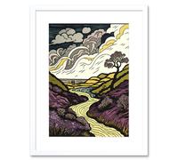 Artery8 Wall Art Print Scottish Countryside Path with Purple Heather Artwork Framed 9X7 Inch in White | Size: W7" x H9" Artery8 White W7" x H9"