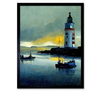 Artery8 Wall Art Print Scottish Harbour Fishing Boats Lighthouse Modern Art Framed in Black | Size: W12" x H16" Artery8 Black W12" x H16"