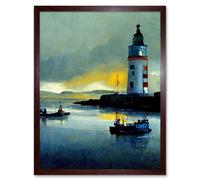 Artery8 Wall Art Print Scottish Harbour Fishing Boats Lighthouse Modern Art Framed in Brown | Size: W12" x H16" Artery8 Brown W12" x H16"