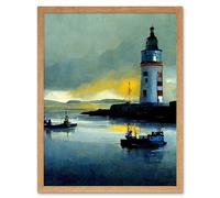 Artery8 Wall Art Print Scottish Harbour Fishing Boats Lighthouse Modern Art Framed in Light Oak | Size: W12" x H16" Artery8 Light Oak W12" x H16"