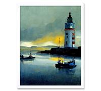 Artery8 Wall Art Print Scottish Harbour Fishing Boats Lighthouse Modern Art Framed in White | Size: W12" x H16" Artery8 White W12" x H16"