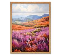 Artery8 Wall Art Print Scottish Heather Fields Oil Painting Purple Orange Blue Scotland Countryside Landscape Art Framed | Size: W12" x H16" Artery8 Light Oak W12" x H16"