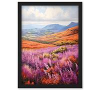 Wall Art Print Scottish Heather Fields Oil Painting Purple Orange Blue Scotland Countryside Landscape Artwork Framed A4 Artery8 Black A4