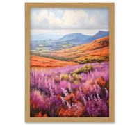 Wall Art Print Scottish Heather Fields Oil Painting Purple Orange Blue Scotland Countryside Landscape Artwork Framed A4 Artery8 Light Oak A4
