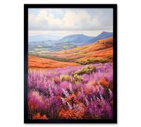 Artery8 Wall Art Print Scottish Heather Fields Oil Painting Purple Orange Blue Scotland Countryside Landscape Art Framed in Black | Size: W12" x H16" Artery8 Black W12" x H16"