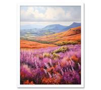 Artery8 Wall Art Print Scottish Heather Fields Oil Painting Purple Orange Blue Scotland Countryside Landscape Art Framed in White | Size: W12" x H16" Artery8 White W12" x H16"