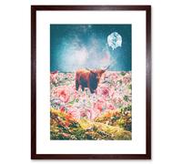 Artery8 Wall Art Print Scottish Highland Hairy Coo Trippy Psychedelic Landscape Space Framed Art in Brown | Size: W7" x H9" Artery8 Brown W7" x H9"