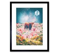Artery8 Wall Art Print Scottish Highland Hairy Coo Trippy Psychedelic Landscape Space Framed Art in Black | Size: W7" x H9" Artery8 Black W7" x H9"