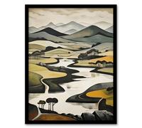 Artery8 Wall Art Print Scottish Highlands Stylised Oil Painting Boho Mountain Hills & Lakes Art Framed in Black | Size: A4 Artery8 Black A4