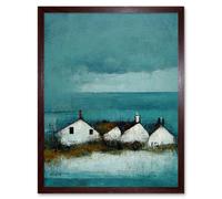 Artery8 Wall Art Print Scottish Seascape White Cottages On Teal Art Framed in Brown | Size: W12" x H16" Artery8 Brown W12" x H16"
