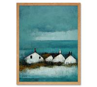 Artery8 Wall Art Print Scottish Seascape White Cottages On Teal Art Framed in Light Oak | Size: W12" x H16" Artery8 Light Oak W12" x H16"